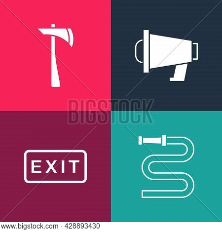 Set Pop Art Fire Hose Reel, Exit, Megaphone And Firefighter Axe Icon. Vector