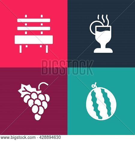 Set Pop Art Watermelon, Grape Fruit, Mulled Wine And Bench Icon. Vector