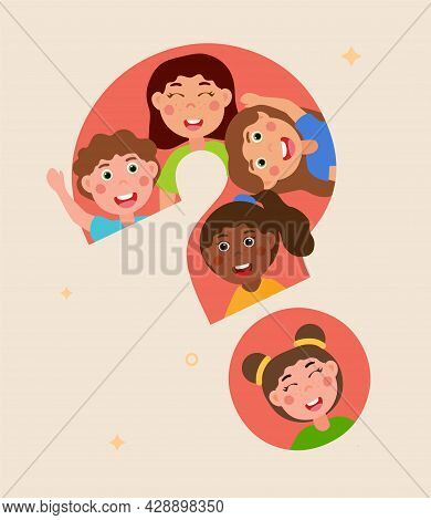 Children Look Out From A Large Question Mark. Curious Little Girls And Boys Ask Questions And Look F