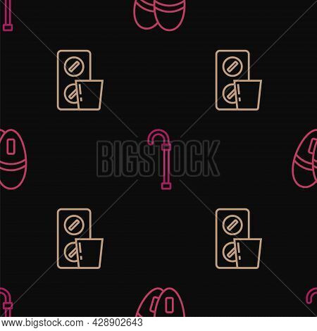 Set Line Slippers, Pills In Blister Pack And Walking Stick Cane On Seamless Pattern. Vector
