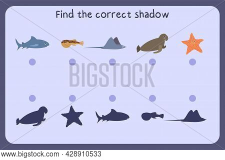 Matching Children Educational Game With Sea Animals - Shark, Puffer Fish, Stringrays, Sea Elephant, 