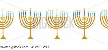 Menorahs Seamless Vector Border. Hanukkah Repeating Pattern Horizontal Blue Gold Yellow Jewish Holid