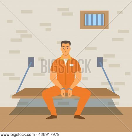 Prisoner In Orange Jumpsuit  Is Sitting In His Cell. His Hands Are Handcuffed. Vector Illustration.