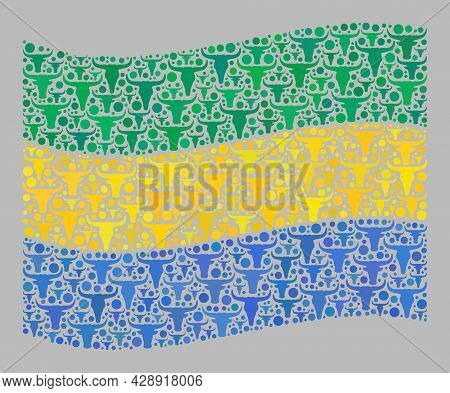 Mosaic Cattle Waving Gabon Flag Created With Cow Items. Vector Collage Waving Gabon Flag Created For
