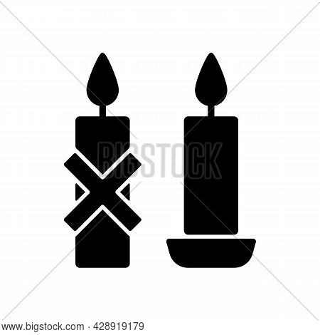 Use Candleholder Black Glyph Manual Label Icon. Hot Wax Spills Prevention. Fitting Candle Inside Sta
