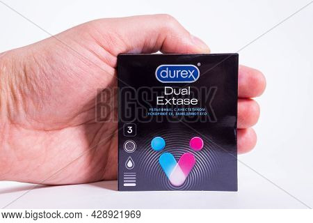 Tyumen, Russia-april 26, 2021: Durex Brand Condoms. Double Exstase On A White Background