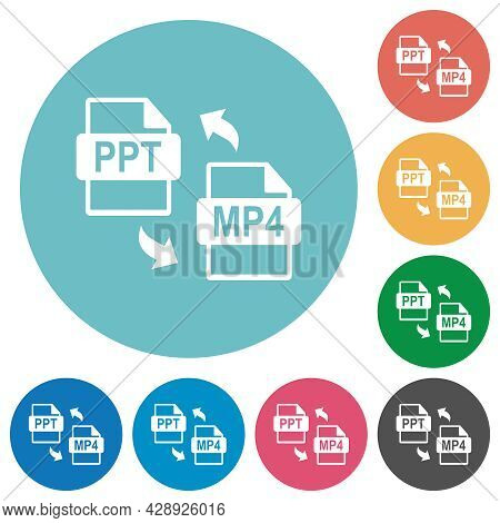 Ppt Mp4 File Conversion Flat White Icons On Round Color Backgrounds