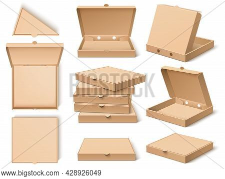 Cardboard Pizza Box. Realistic Craft Paper Food Packing Template, Open, Closed, Different Viewing An