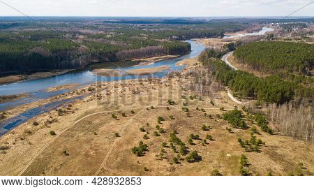Aerial View Of The Teterev River And The Forest Near The River