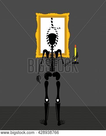 Illustration Of A Skeleton In A Museum Holding A Candle And Being Part Of A Painting In A Hanging Ro