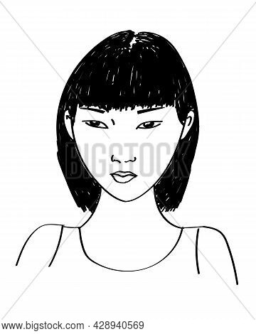 Asian Young Woman. Vector Drawing, Black And White. Ink Style.