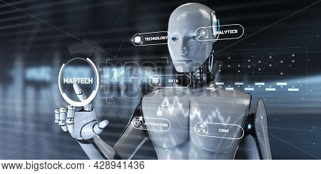 Martech Digital Marketing Automation Technology Concept. Robot Pressing Button On Screen 3d Render