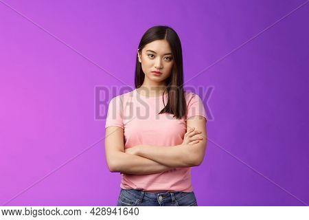 Bothered And Pissed Asian Woman Brunette, Cross Arms Chest Block, Feeling Offended Annoyed, Stare Di
