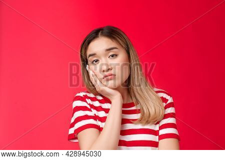 Close-up Tired Girl Express Apathy Boredom, Sighing Reluctant Look Camera Lean Face Palm Falling Asl