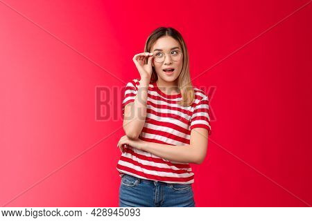 Attractive Creative Blond Asian Female Journalist Got Great Idea Wear Glasses Check Eyewear Nose Loo