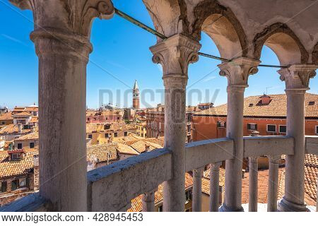 St Mark Bell Tower From Contarini Del Bovolo Stairway. Venice, Veneto, Italy. High Quality Photo