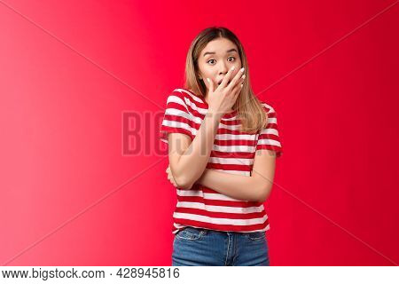 Shocked Asian Blond Girl Feel Empathy Hear Shocking News Gasping, Woman Drop Jaw Cover Opened Mouth 