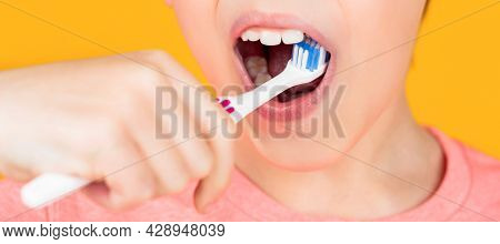 Dental Hygiene. Little Man Brushing Teeth. Happy Child Kid Boy With Toothbrush. Health Care, Dental 
