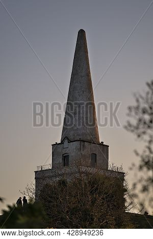 Beautiful Closeup Evening View Of Killiney Obelisk And Wild Yellow Gorse (ulex) Flowers Growing Ever