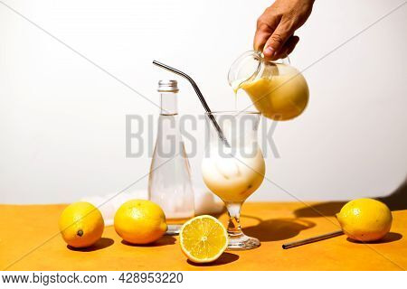 Creamy Lemonade Trendy Summer Mocktail. Cold Non-alcoholic Cocktail With Lemon Juice And Sweetened C