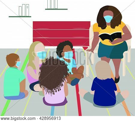 Teacher Telling A Bible Story To Group Of Kids Sitting On Floor In The Church. Vector Illustration. 