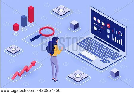 Big Data Analysis Concept. Woman Stands Next To Large Laptop And Studies Statistical Data In Form Of