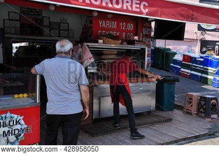 Street Food. Fast Food. Istanbul. Cooking Street Food. Kokorech. 09 July 2021, Istanbul, Turkey.