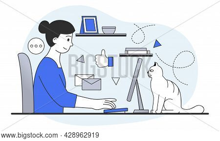 Working From Home Concept. Woman Sitting At Her Desk And Working On Computer. Social Distance, Remot