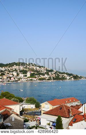 Igalo, Montenegro, August 2021. View Of The Boko-kotor Bay, Mountains And The Village Of Herceg Novi