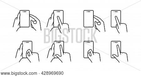 Set Of Touch Screen Gesture Icons. Hand Holding A Phone. Pressing The Smartphone Screen And The Side
