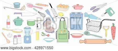 A Set Of Dishes For The Kitchen Vector Stock Illustration. Cook's Cooking Tools. Stickers About The 