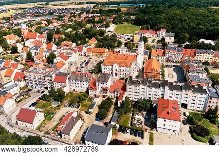 Aerial View Of Small European City With City Streets And Residential Buildings. Katy Wroclawskie Pan