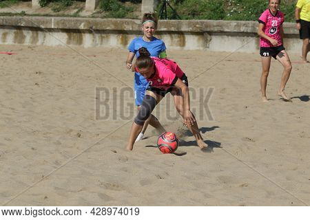 Odessa, Ukraine July 8, 2021: Ukrainian Beach Soccer Women's Cup. The Girl's Footballers Are Despera