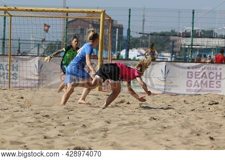 Odessa, Ukraine July 8, 2021: Ukrainian Beach Soccer Women's Cup. The Girl's Footballers Are Despera