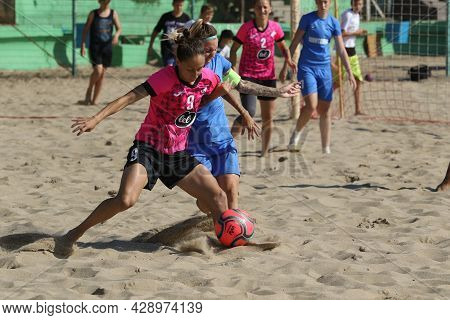Odessa, Ukraine July 8, 2021: Ukrainian Beach Soccer Women's Cup. The Girl's Footballers Are Despera