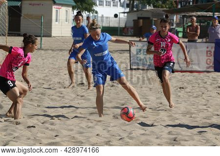 Odessa, Ukraine July 8, 2021: Ukrainian Beach Soccer Women's Cup. The Girl's Footballers Are Despera