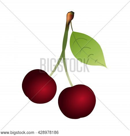 Bright Red Flat Art Cherries With Stems And A Green Leaf Isolated On A White Background