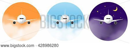 Plane Vector Flying Forward In The Cloudy And Starry Sky In The Morning, Afternoon And Night On A Ci