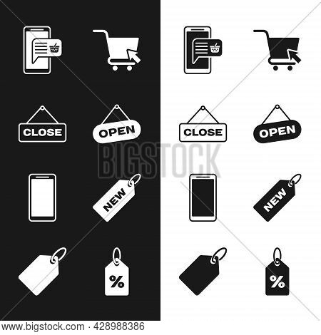 Set Hanging Sign With Open Door, Close, Mobile And Shopping Basket, Shopping Cart Cursor, Smartphone