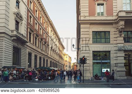 Rome, Italy - October 2019: Old Classic Buildings And People Walking Along The Street Of Via Delle M