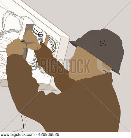 Illustration In Beige Shades An Electrician Man In A Helmet Repairs A Shield With Wires