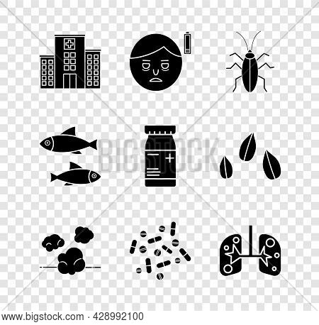 Set Medical Hospital Building, Fatigue, Cockroach, Dust, Medicine Pill Or Tablet, Lungs, Fish And Bo
