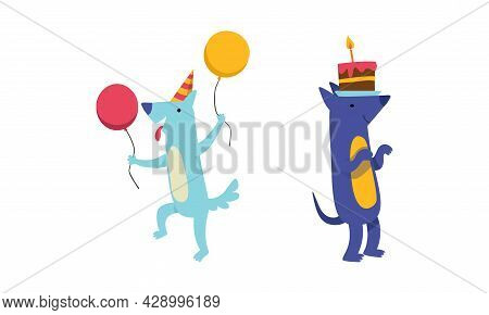Cute Doggy Character In Birthday Hat Celebrating Holiday Vector Set