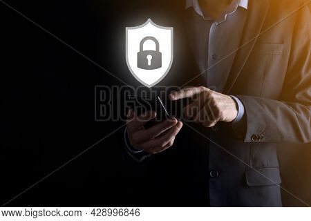 Cyber Security Network. Padlock Icon And Internet Technology Networking. Businessman Protecting Data