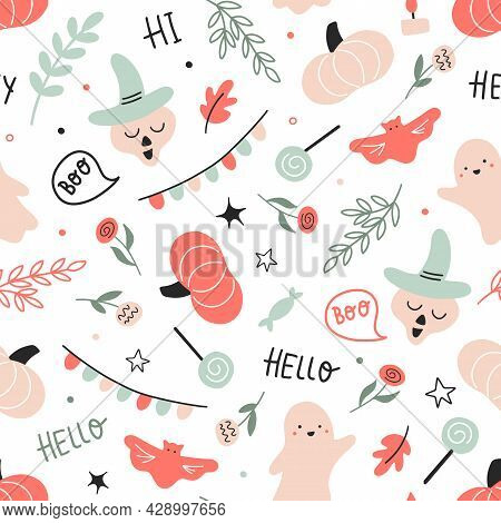 Happy Halloween Childish Seamless Pattern With Cute Shost And Flowers On A White Background. Ideal F