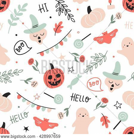Happy Halloween Childish Seamless Pattern With Cute Shost And Flowers On A White Background. Ideal F