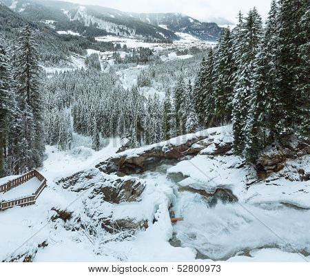 Alps Waterfall Winter View