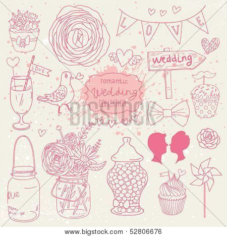 Romantic vector set in pink colors. A lot of vector elements:  tablet, jar, bouquet, bow, cupcake, ring, candy and others