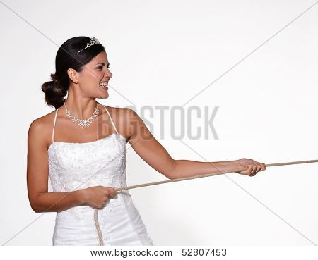 Anger bride pulling a rope,involuntary marriage