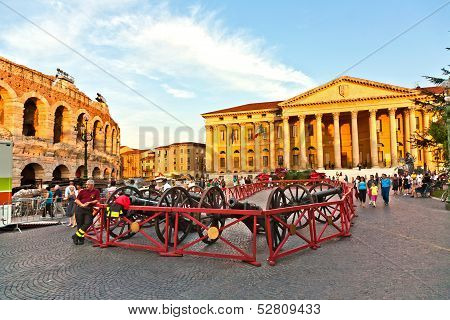 Man Pays Attention For The Canons,requisites For Masterpece Aida From Verdi, Shown In The Arena Di V